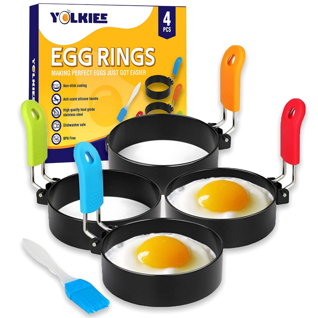 YOLKIEE Egg Rings, 4-Pack, Non-Stick Egg Ring with Oil Brush, Stainless Steel with Anti-Scald Multi-Color Silicone Handle, Round Mold Shaper for Frying Eggs and McMuffins