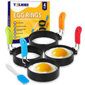 YOLKIEE Egg Rings, 4-Pack, Non-Stick Egg Ring with Oil Brush, Stainless Steel with Anti-Scald Multi-Color Silicone Handle, Round Mold Shaper for Frying Eggs and McMuffins