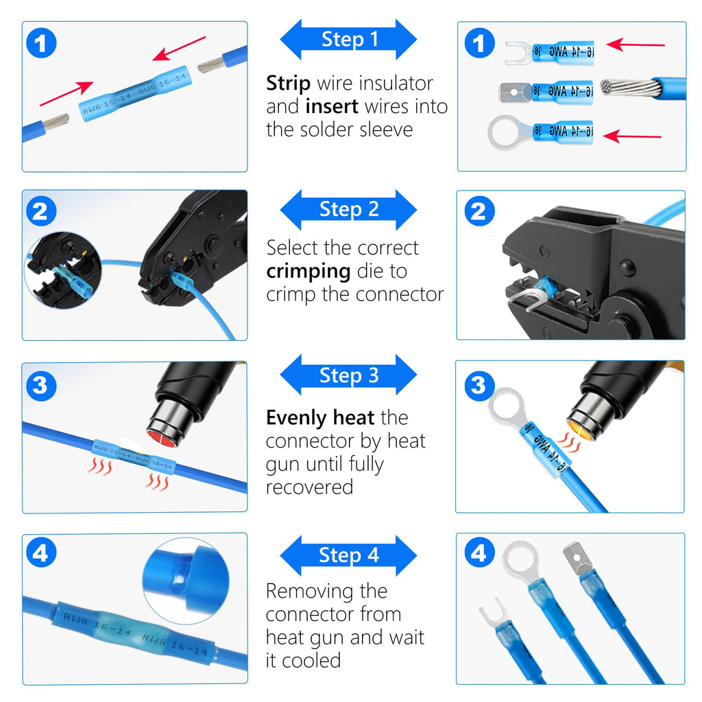 Kuject 130PCS Heat Shrink Wire Connectors Kit, Electrical Waterproof Crimp Butt Terminals, Insulated Spade Connectors for Automotive Marine Boat Truck, Include Rings Forks Spade Butt Splices
