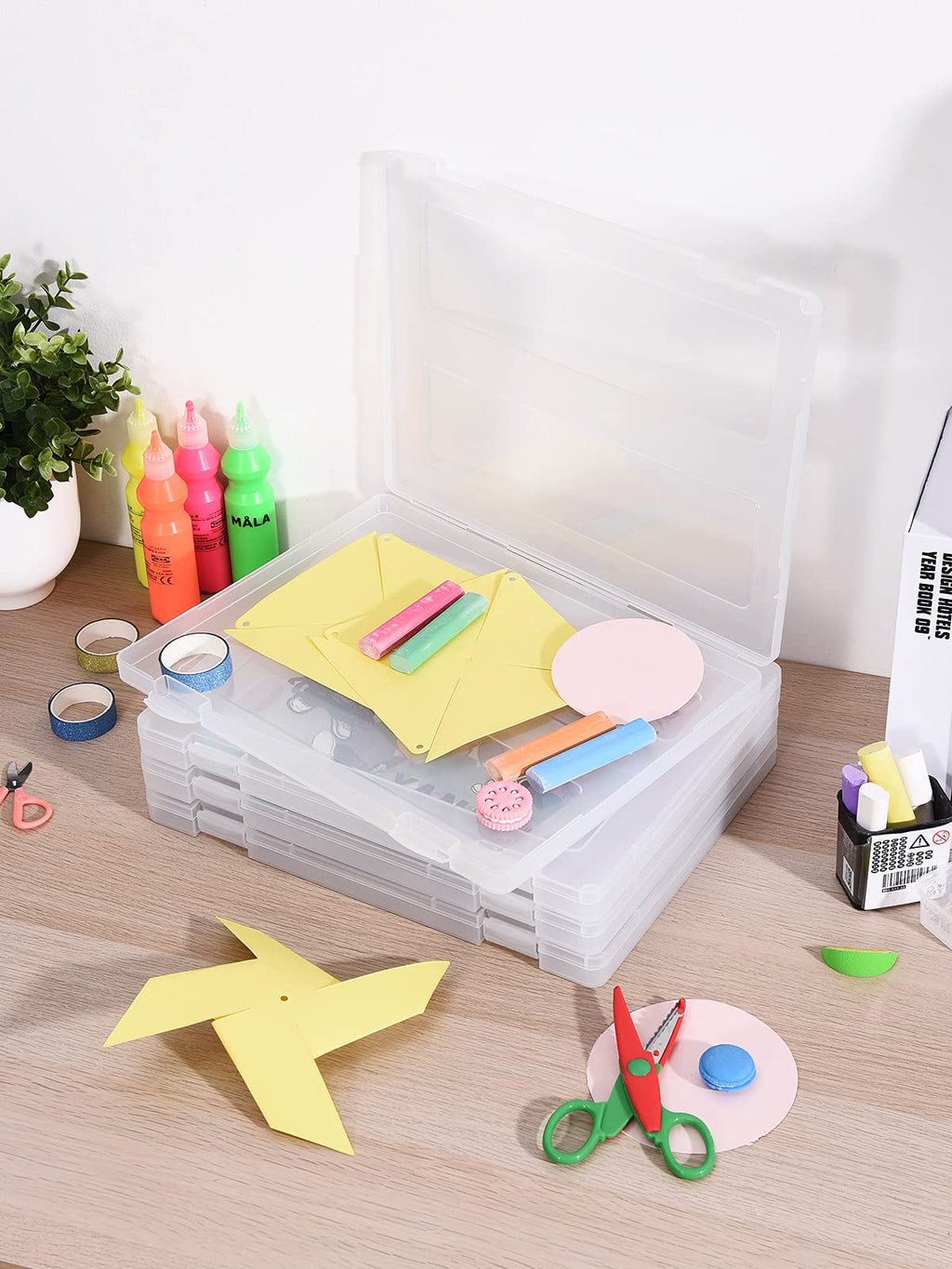 Denkee 4 Pack A4 Paper Organizer Box, Plastic Scrapbook Paper Organizer Containers for Craft and Art Storage, Board Game Storage for Art Supplies 8.5" x 11" US Letter, Portable Project Case