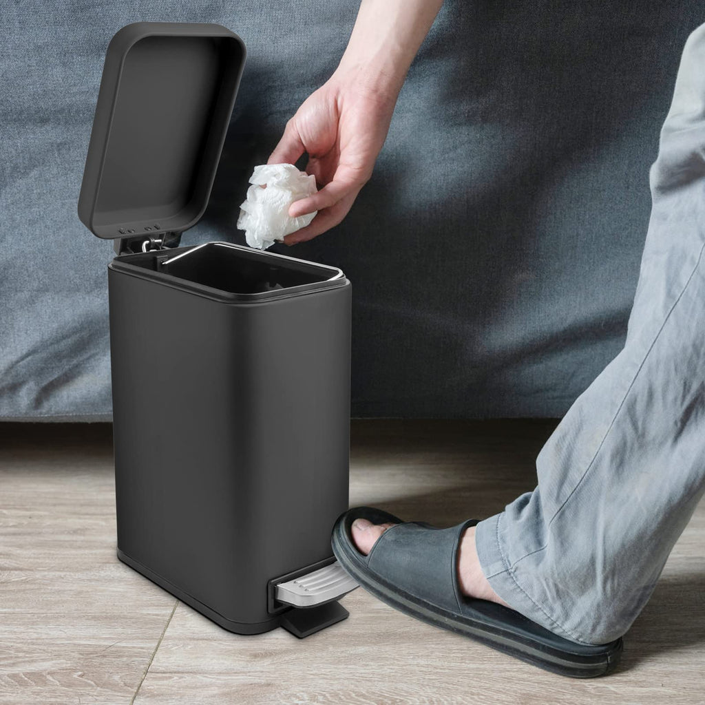 5 Liter/1.3 Gallon Slim Small Trash Can with Lid Soft Close, Stainless Steel Garbage Can for Bathroom Bedroom Office, Rectangular Step Trash Bin with Removable Inner Waste Basket (Black)