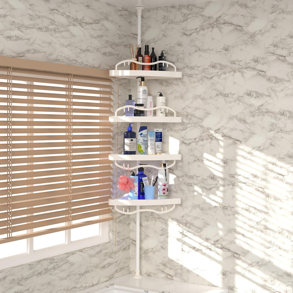 CALCHELE Shower Caddy Corner for Bathroom, Rustproof Bathtub Shower Storage Organizer for Shampoo Accessories, 4-Tier Adjustable Shelves with Tension Pole, 54 to 114 Inch White