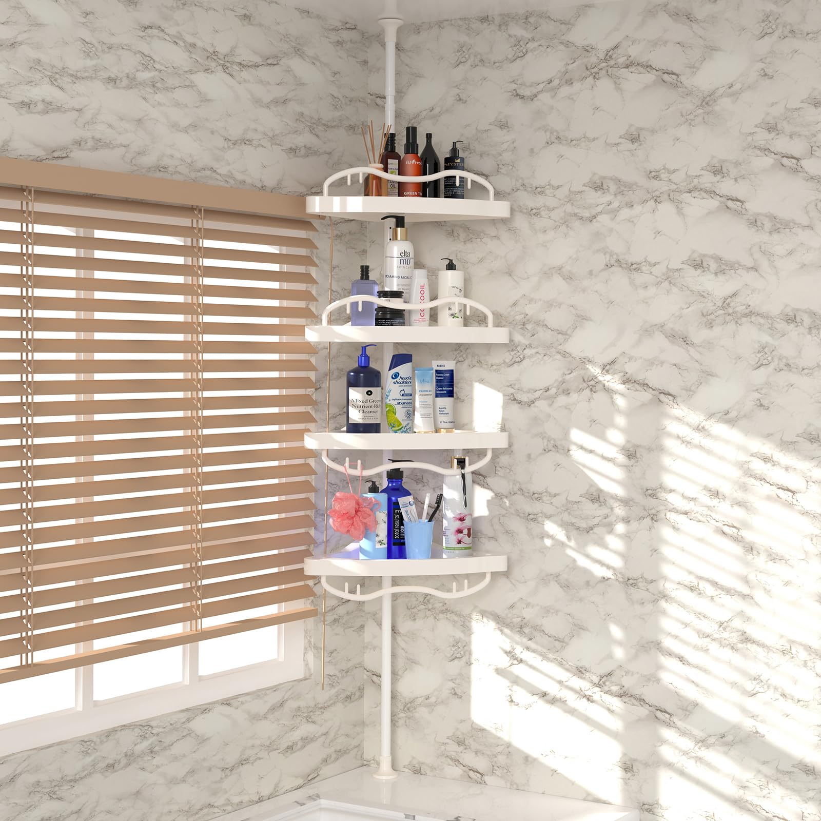 CALCHELE Shower Caddy Corner for Bathroom, Rustproof Bathtub Shower Storage Organizer for Shampoo Accessories, 4-Tier Adjustable Shelves with Tension Pole, 54 to 114 Inch White