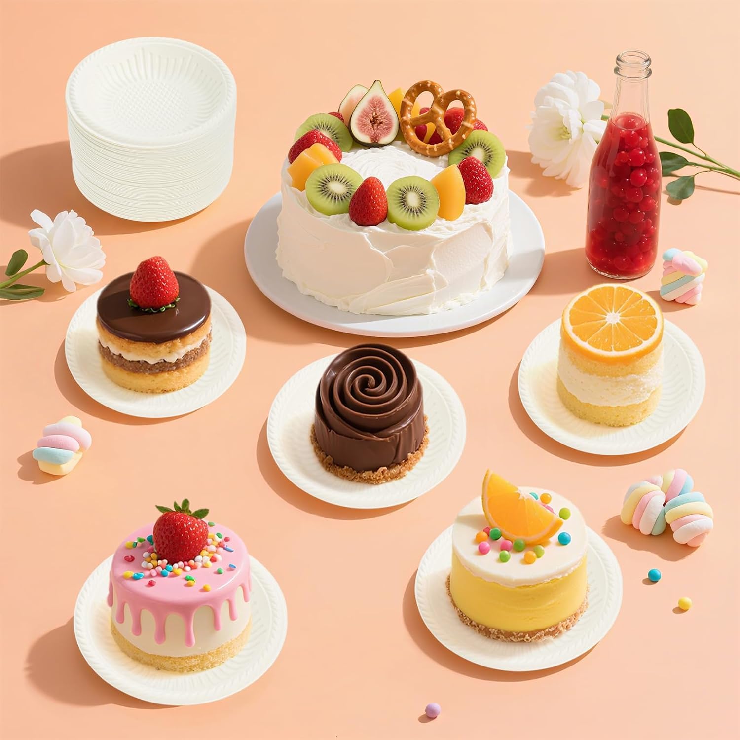 Elsjoy 200 Count 4 Inch Small Cake Plates, Disposable Round Plastic Plate for Desserts, Mini Appetizer Plates for Party, Events
