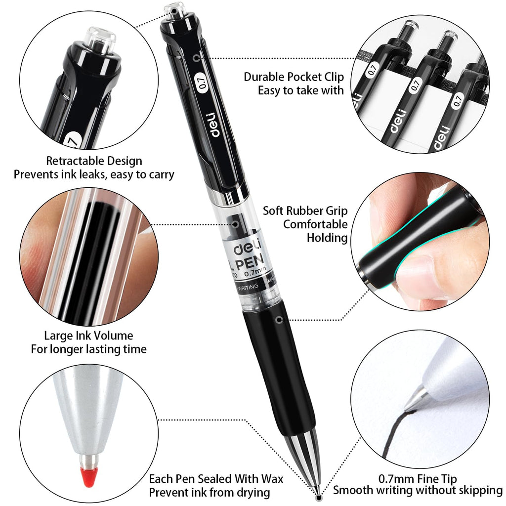 Deli Gel Pens, 50 Pcs Retractable Pens Black Ink, Medium Point Pen 0.7mm, Smooth Writing, Fast Dry, No Bleed for Journaling Note Taking, Home School Office Supplies