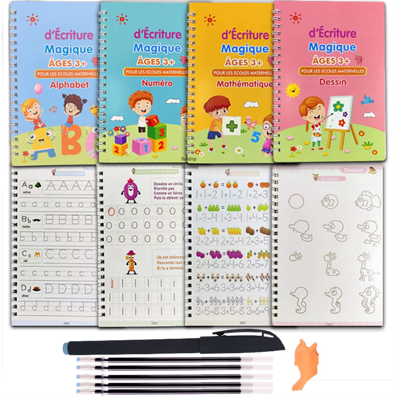 SMDSAZ French 3D Groove Magic Practice Copybook Children Book Learning Numbers French Letters Calligraphy Writing Exercise Books Gift (Color:French 4 Books)