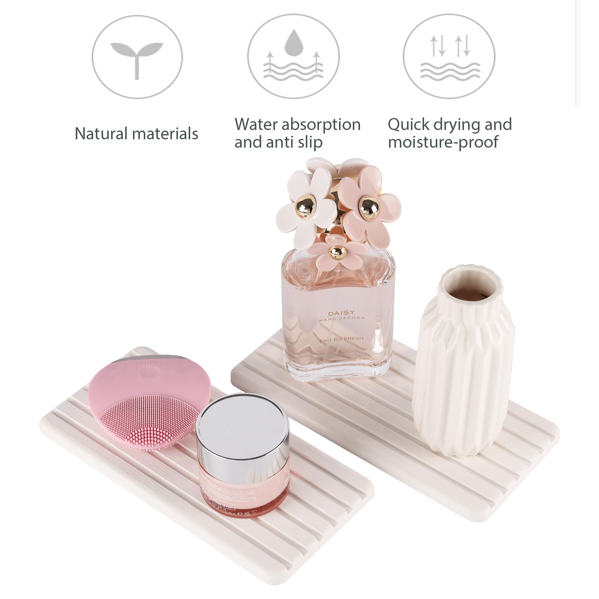 NiuYichee 2 PCS Water Absorbent Diatomite Coasters Rectangle, Grooved Design, Water Absorbing Stone Used for Hand Soaps & Plants & toiletries in The Modern Home