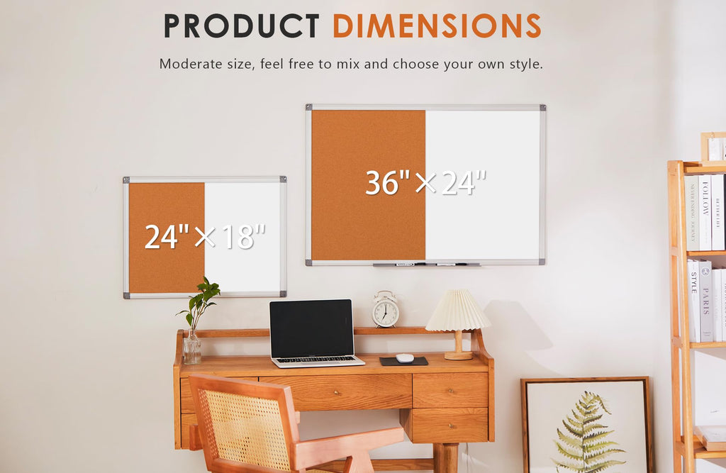 Cork Board and Dry Erase Board Combo Bulletin Board Combination Magnetic WhiteBoard Pin Notice Board for Home Office School with 4 Dry Erase Maker+6 Magnets+12 Pushpins, 24x18inches