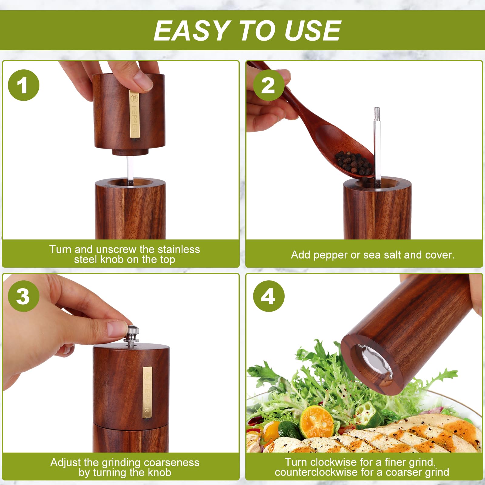 2 Set Wood Salt and Pepper Grinder 8 Inch Manual Salt and Pepper Mill with Tray Adjustable Coarseness Refillable Grinder with Gold Bottle Label Smooth and Quality Grinding Mechanism for Kitchen
