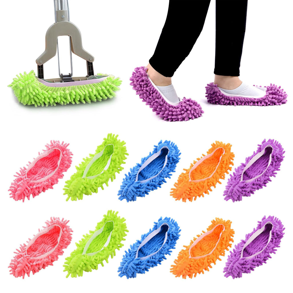 Swpeet 10Pcs/5 Pairs Mop Slippers Shoes, 5 Colors 8'' Multi Function Washable Reusable Dust Duster Soft Microfiber Cleaning House Mop Slippers Floor Cleaning Tool Shoes Cover for House Kitchen Office