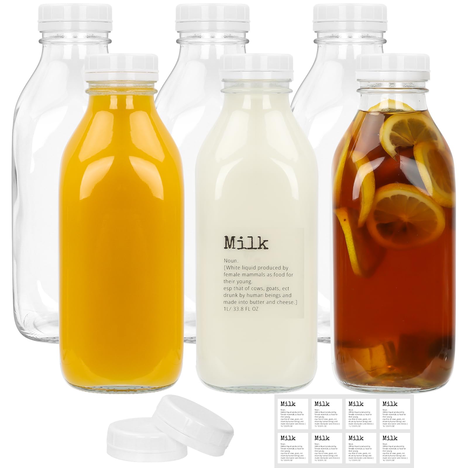 DHSBTLS 6 Pcs Glass Milk Bottles with Lid, 32 oz/ 1 L Reusable Glass Milk Container for Fridge to Store Fresh Milk, Airtight Heavy Duty Clear Juice Jar for Juice, Honey, Syrup, Extra 2 Lids& Stickers