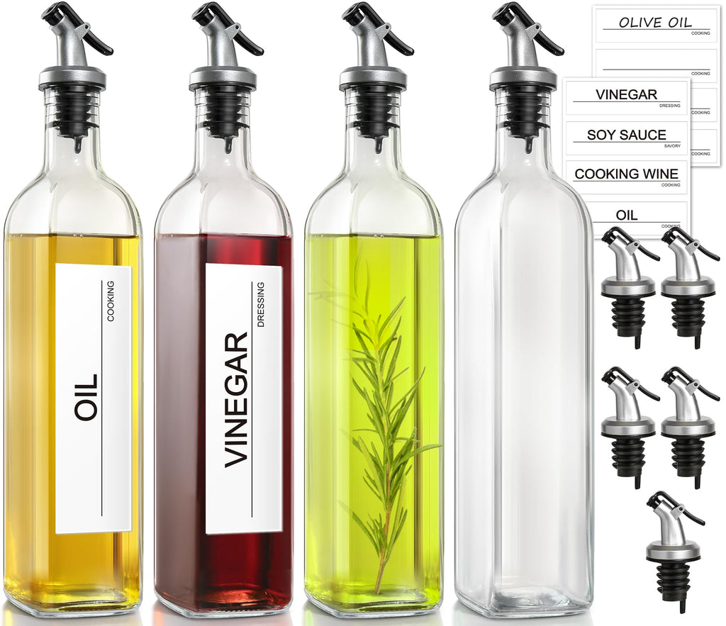 GMISUN Olive Oil Dispenser Bottle, Oil Dispenser Bottle for Kitchen, Cooking Oil and Vinegar Dispenser Set 4 Pack, Glass Oil Container Cruet-Oil Pourer Spout, Funnel and Labels, Clear for Oil, Vinegar