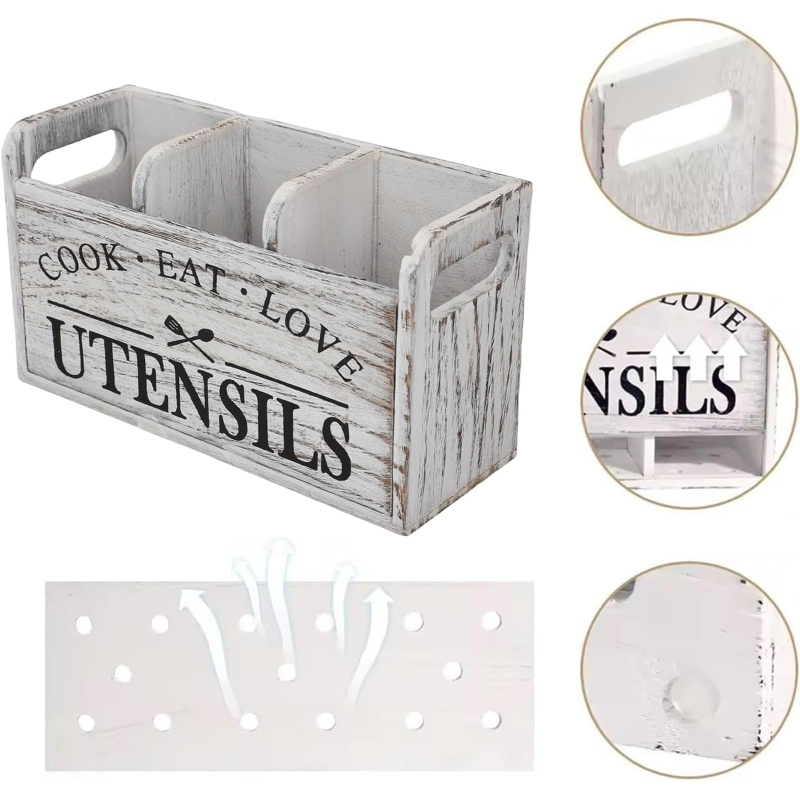 Large Kitchen Utensil Holder with 3 Compartments, Wooden Storage Utensil Organizer for Kitchen Countertop, Farmhouse Decor, Rustic Cooking Utensil Kitchen Tool Organizer Utensil Caddy (White)