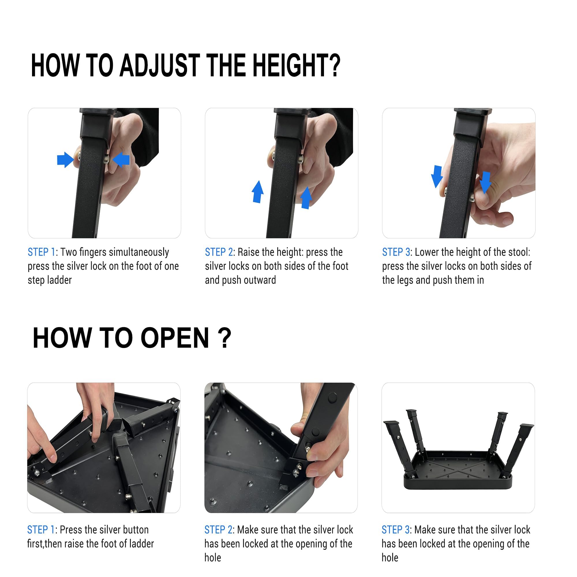 IKKAKOI Folding Step Stool, Height-Adjustable Step Stool with Non-Slip Platform, Step Ladder for Adults or Kids in Kitchen, Home, 500 Lbs Capacity(Black)