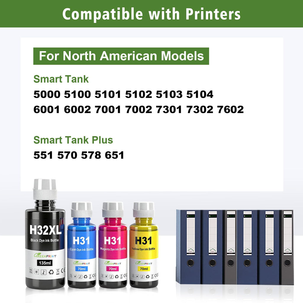 GREENPRINT 31 32XL Compatible Ink Bottle 6000 Page Black, 8000 Page CMY for Smart Tank 5000 5100 5101 5102 5103 5104 6001 6002 7001 7002 7301 7302 7602 Plus 551 570 578 651 Printer 4 Pack