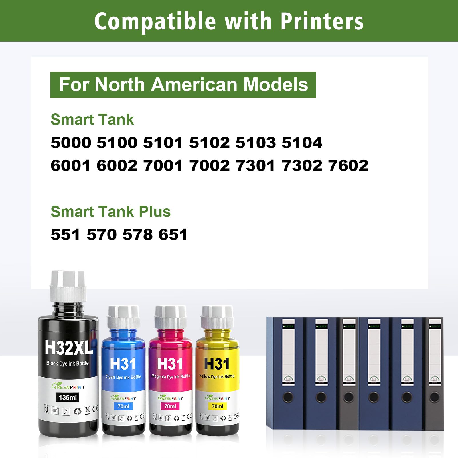GREENPRINT 31 32XL Compatible Ink Bottle 6000 Page Black, 8000 Page CMY for Smart Tank 5000 5100 5101 5102 5103 5104 6001 6002 7001 7002 7301 7302 7602 Plus 551 570 578 651 Printer 4 Pack