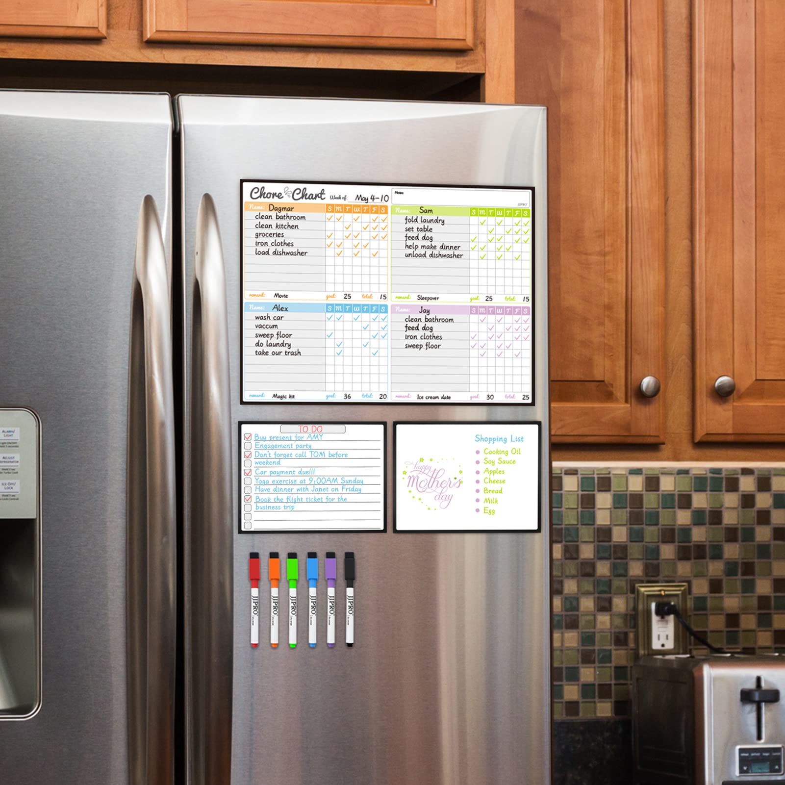 Magnetic Dry Erase Chore Chart Set for Fridge - Used for Multiple Kids - One Chore Chart and Two Bonus Dry Erase Pad/Grocery Boards - 6 Dry Erase Extra Fine Tips Markers Included!