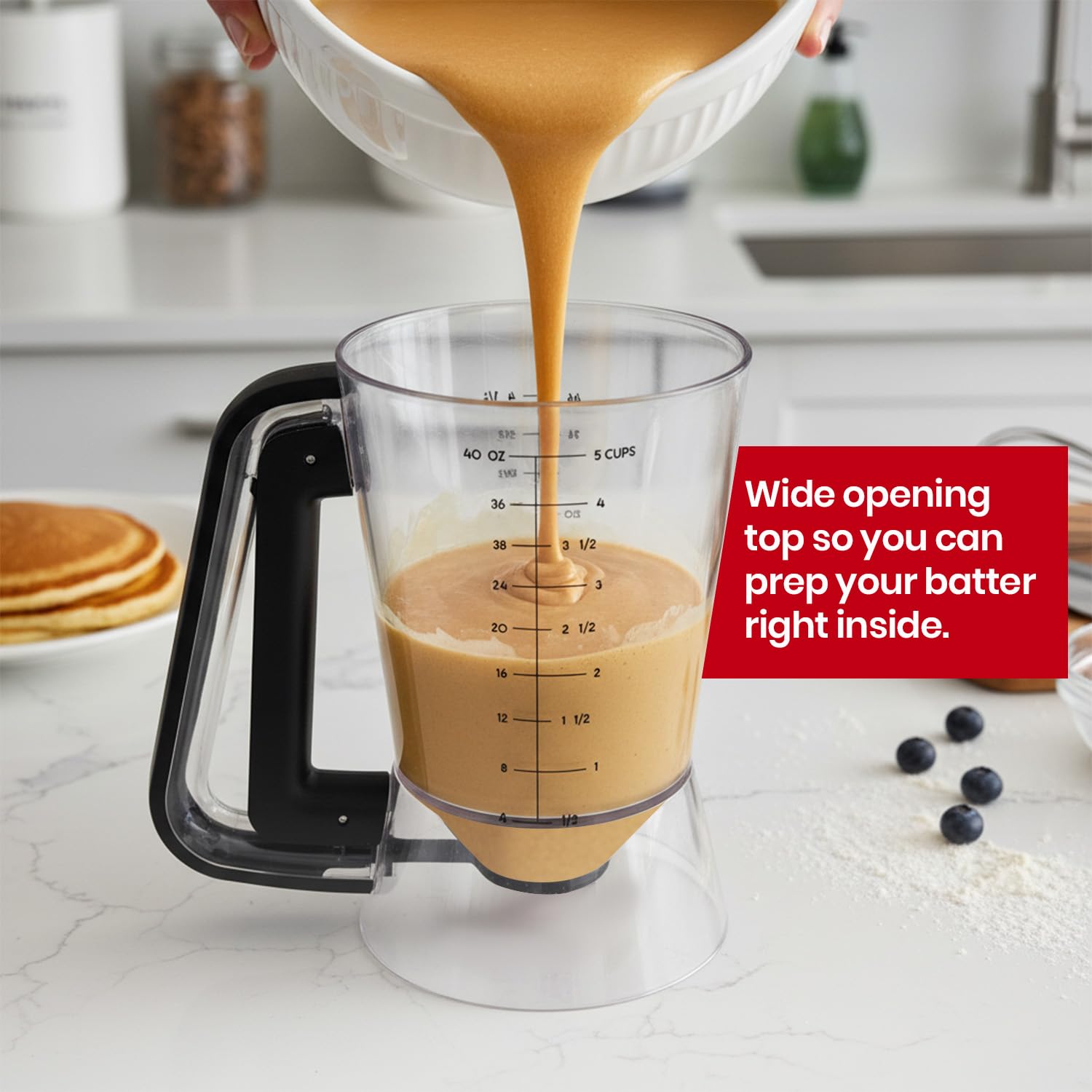 Eggssentials Pancake Dispenser for Batter - Pancake Mix Dispenser Cupcakes, and Muffins – Precision, Mess Free – Cake Mix Dispenser Bottle for Baking & Griddle - New Design Black Color