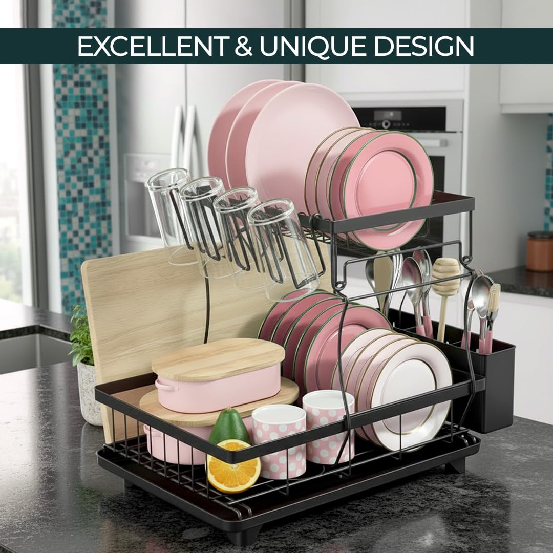 Space-Saving 2-Tier Dish Drying Rack with drip Tray, Swivel spout, Utensil Holder and More, Perfect for Small Kitchen counters and Keeping Things Neat