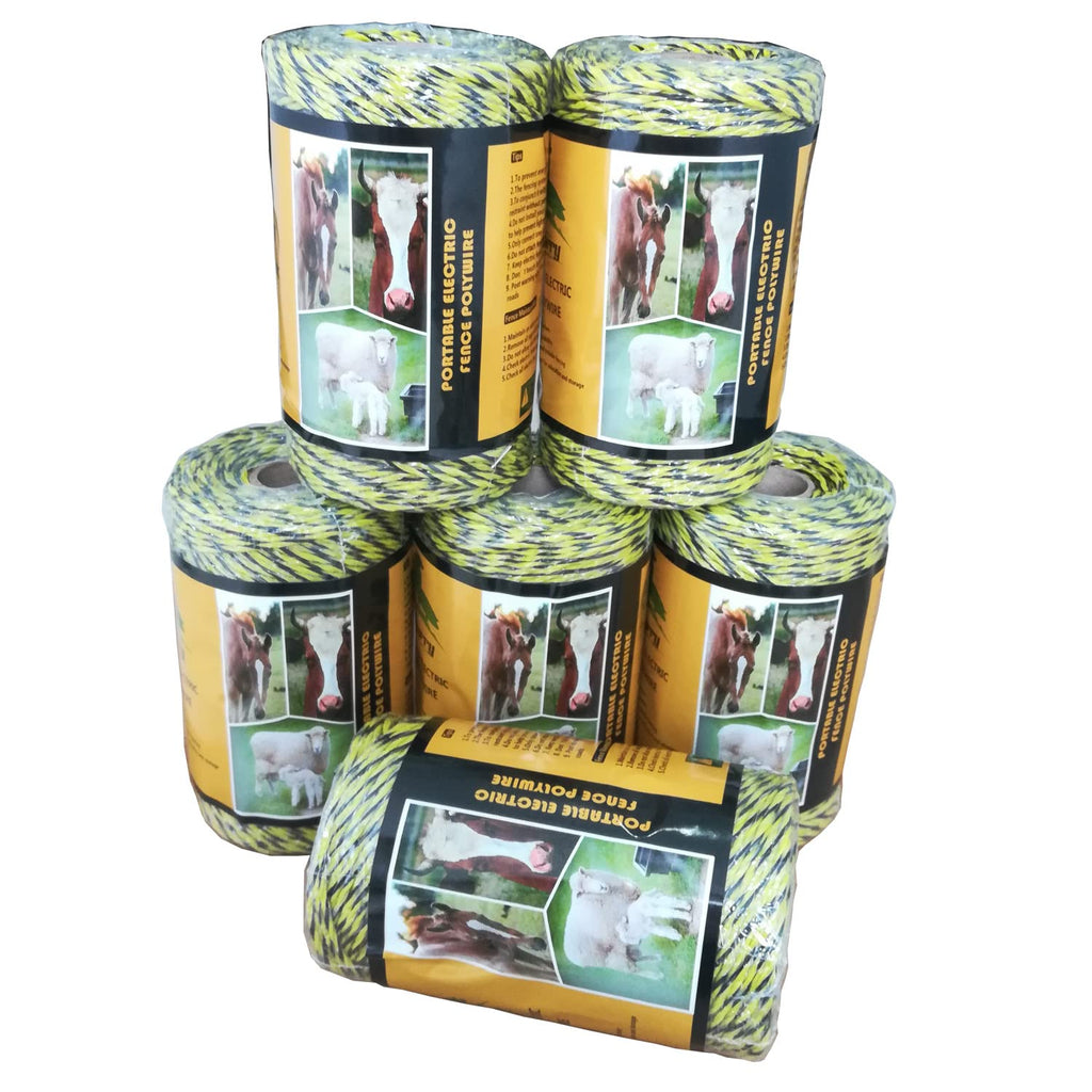 Farmerry Portable Electric Fence Polywire with 6 Conductors, Yellow and Black, 656 Feet, 200 Meters