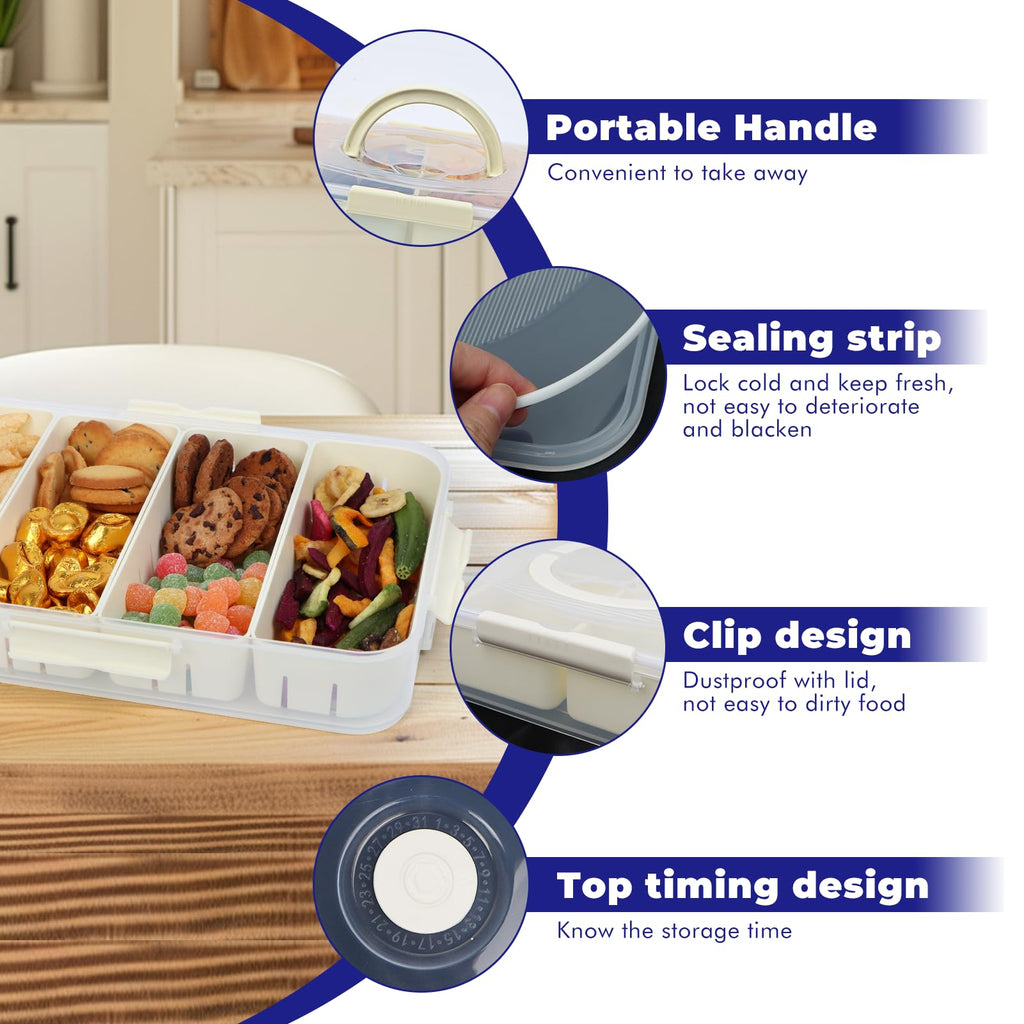 YarkeeSky 2PCS Divided Snackle Box Dishwasher Safe, Air-tight Snack Box Container, Portable Snack Platters, Divided Serving Tray with Lid and Handle for Candy Fruits Nuts, Veggie Tray 4+8 Compartments