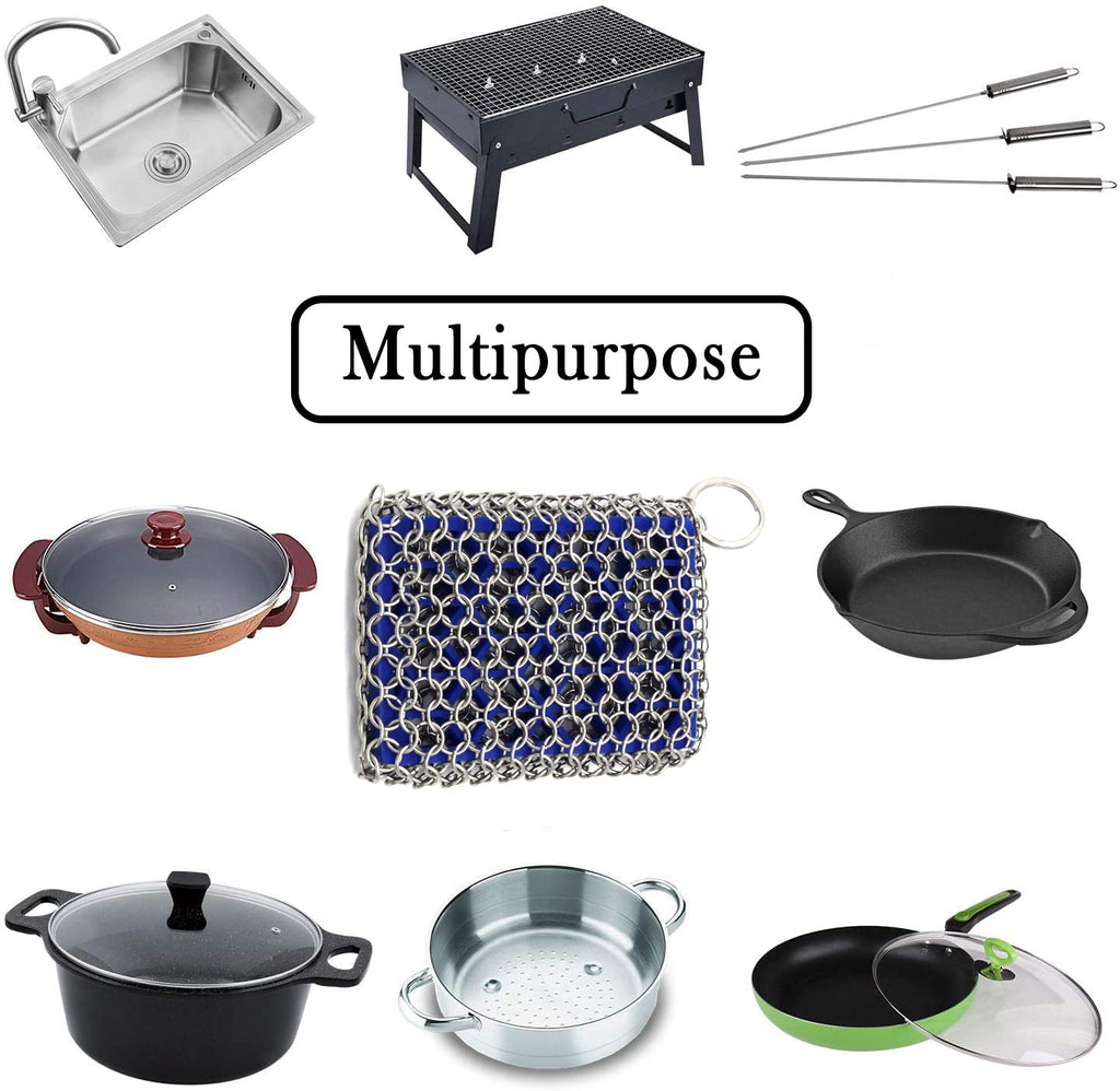 2 Pack Cast Iron Scrubber 316 Stainless Steel with Silicone Insert Durable Flexible Chain Cleaner Cleaner for All Types of Griddles Pots Skillet Grills Kitchen Cookware BBQ Tools & Ovens (Blue*2)