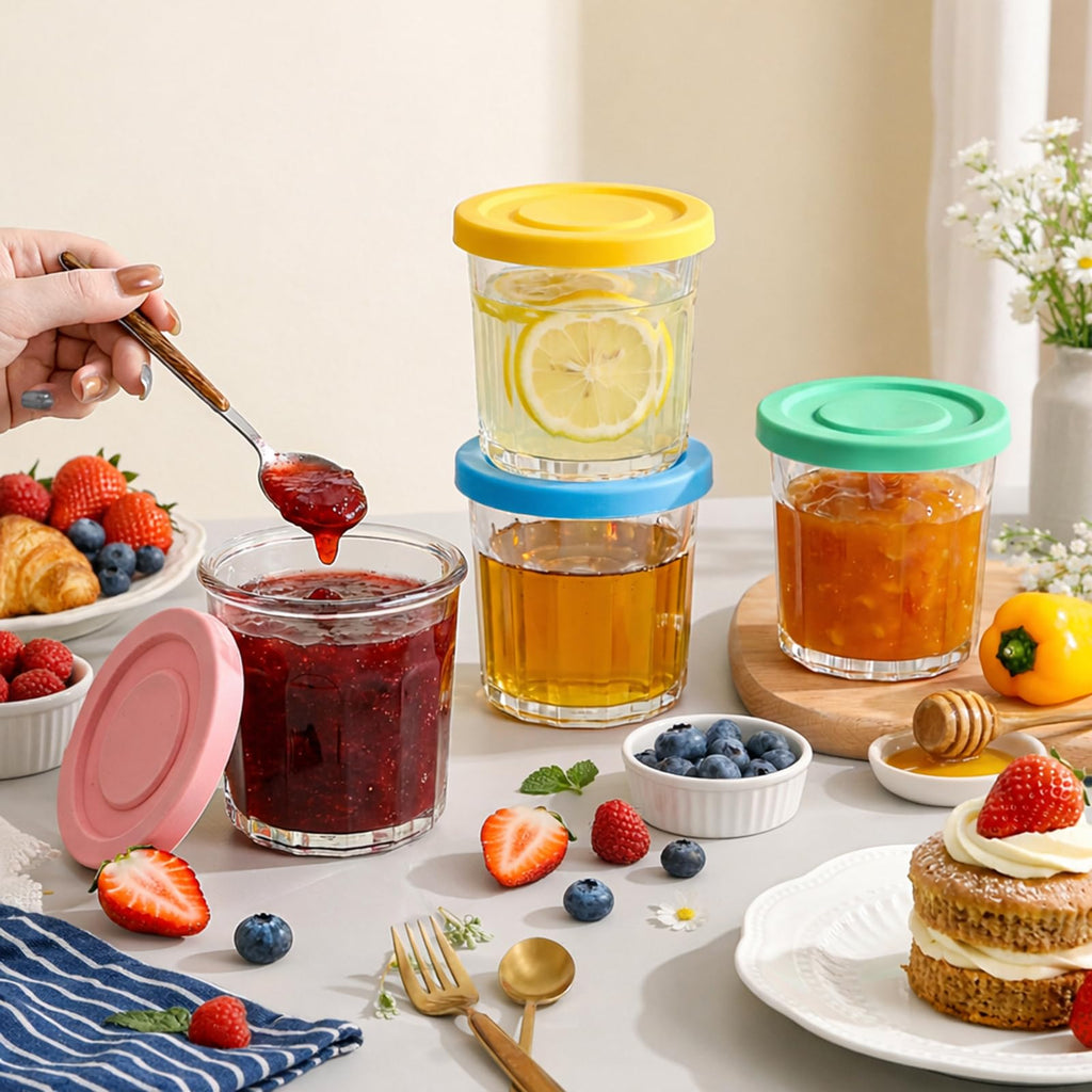 Coloch 4 Pack 13Oz Glass Jar with Leakage Proof Lid, 400ml Clear Storage Jar for Spices, Tea Leaf, Nuts, Overnight Oat Cup All-purpose Glass Drinking Cup for Cooled Tea, Juice, Coffee, Yogurt