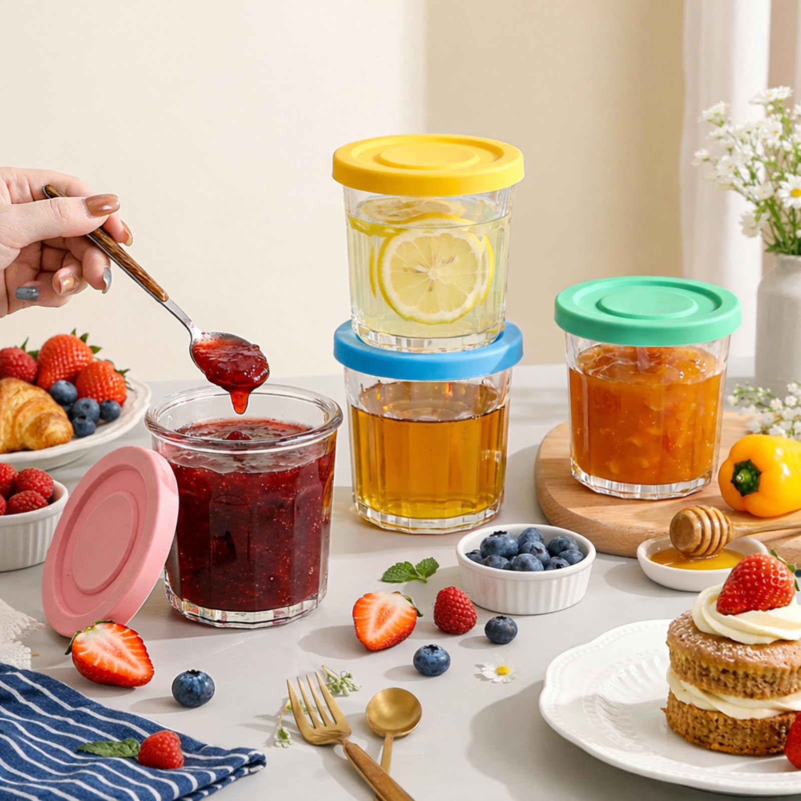 Coloch 4 Pack 13Oz Glass Jar with Leakage Proof Lid, 400ml Clear Storage Jar for Spices, Tea Leaf, Nuts, Overnight Oat Cup All-purpose Glass Drinking Cup for Cooled Tea, Juice, Coffee, Yogurt