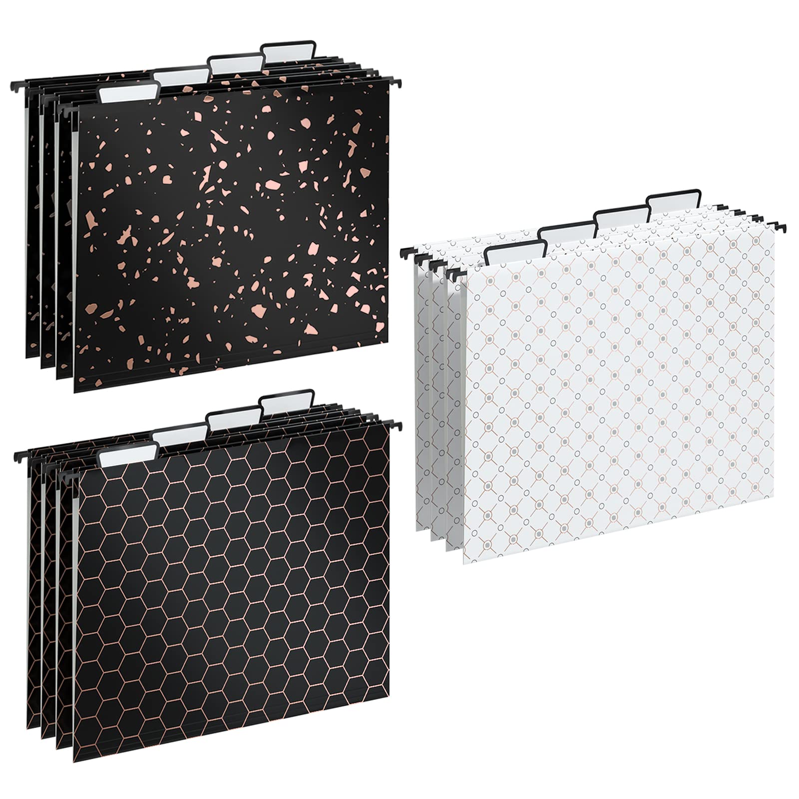 YOMA 12 Pack Decorative Hanging File Folders Letter Size Rose Gold File Folder Pretty Hanging Folder Organizer for Filing Cabinet Office Home with 1/5-Cut Adjustable Tabs, 3 Black Foil Design