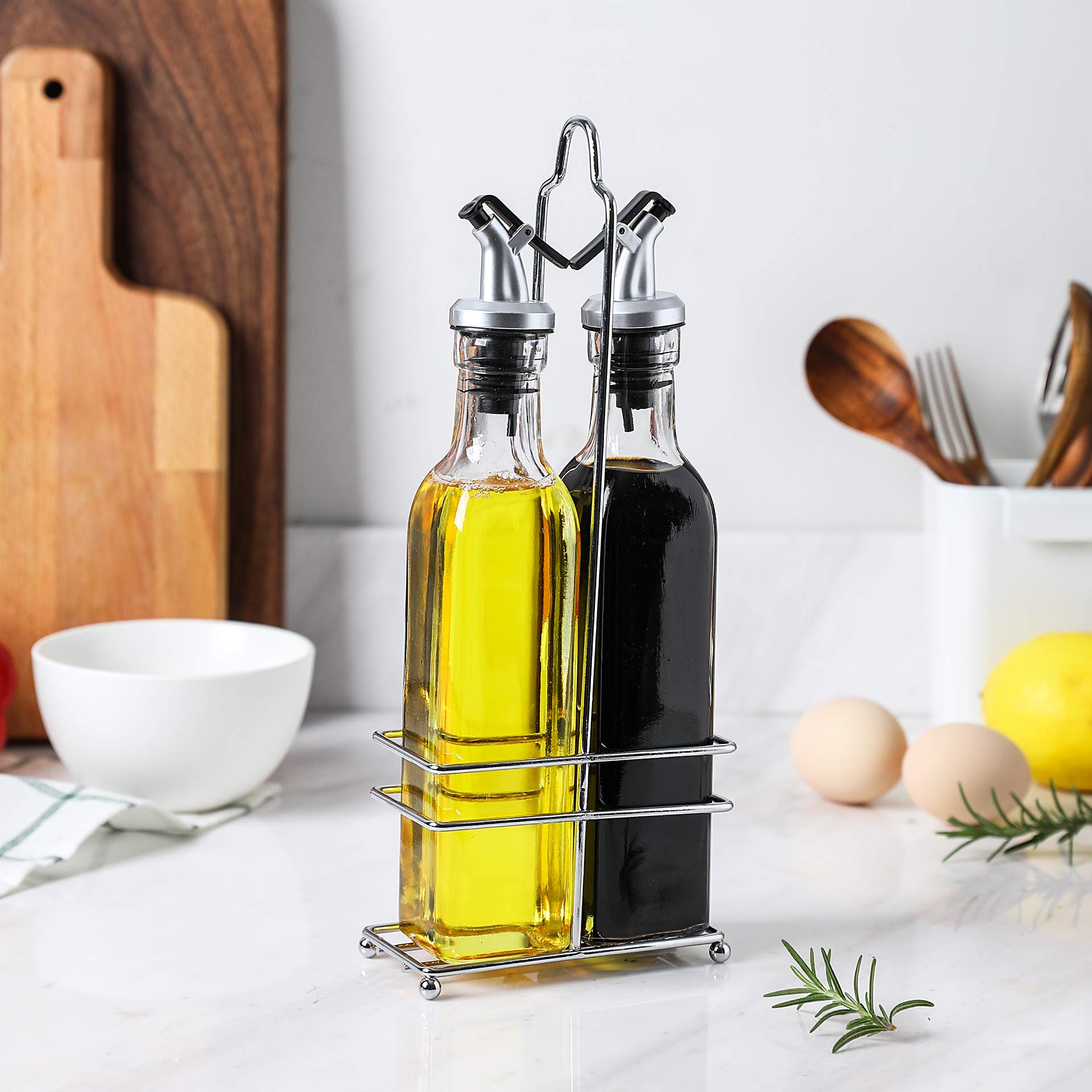 Gala Houseware Oil Dispenser and Vinegar Dispenser Set with Chrome Plated Rack Stand, 2 Piece Olive Oil Dispenser Bottles, Soy Sauce Dispenser Glass Bottles with Drip-Free Pourers,
