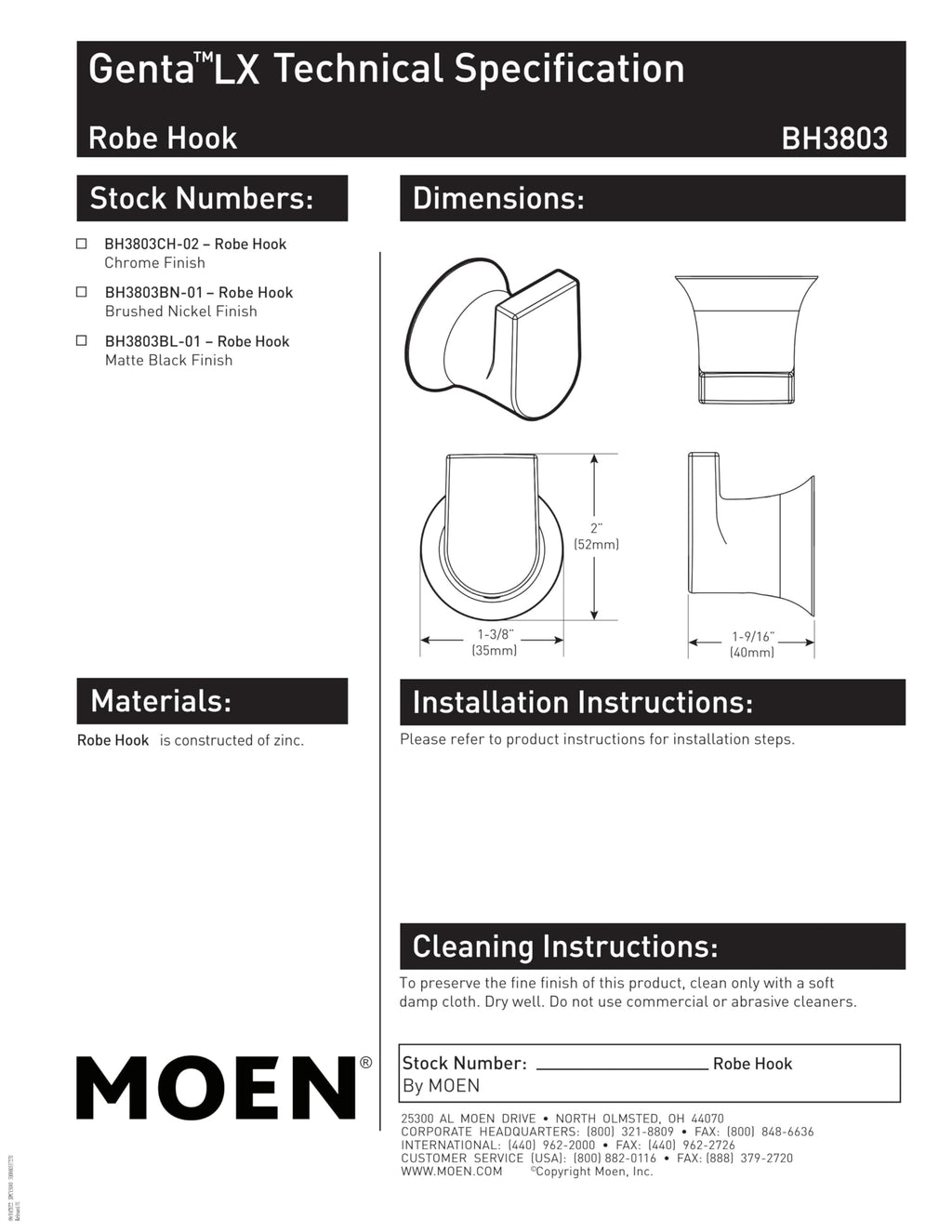 Moen BH3803BL Genta Modern Single Robe Hook, Matte Black