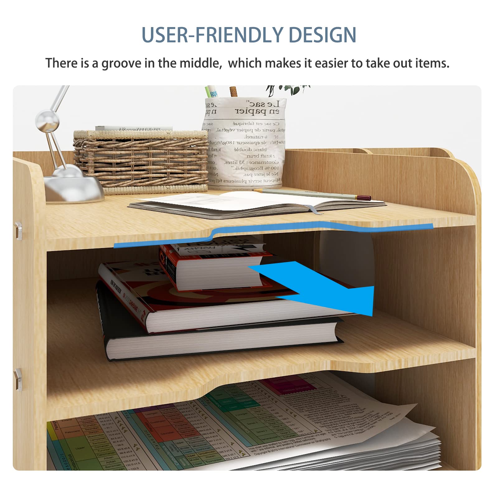 PUNCIA 4 Tier Wooden Desktop Organizer Letter A4 File Rack - Mail Sorter with Vertical & Horizontal File Holder, Tabletop Storage Box for Office Supplies Binders Folders Trays