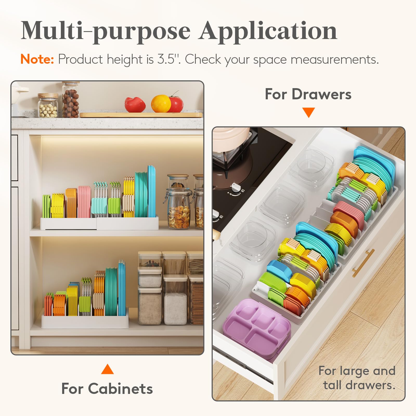 Lifewit Plastic Lid Organizers for Inside Cabinet, Food Storage Container Lids Holder with 5 Inserts & 6 Adjustable Sections, Plates, Bowls Storage for Deep Drawer in Kitchen, 13" x 10"