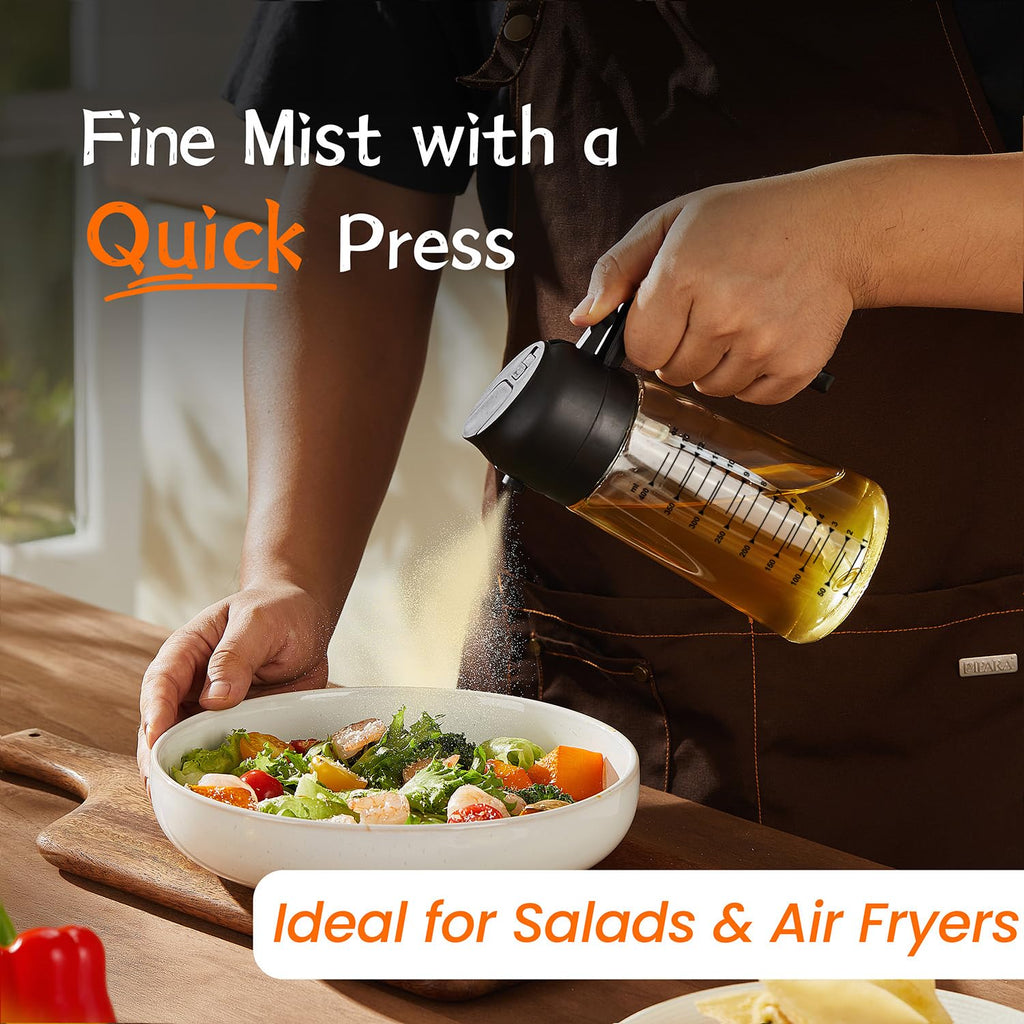 TrendPlain 470ml Olive Oil Spray Bottle for Kitchen Gadgets - 2 in 1 Olive Oil Dispenser Bottle and Air Fryer Accessories for Cooking, Salad and BBQ - Black & Ash