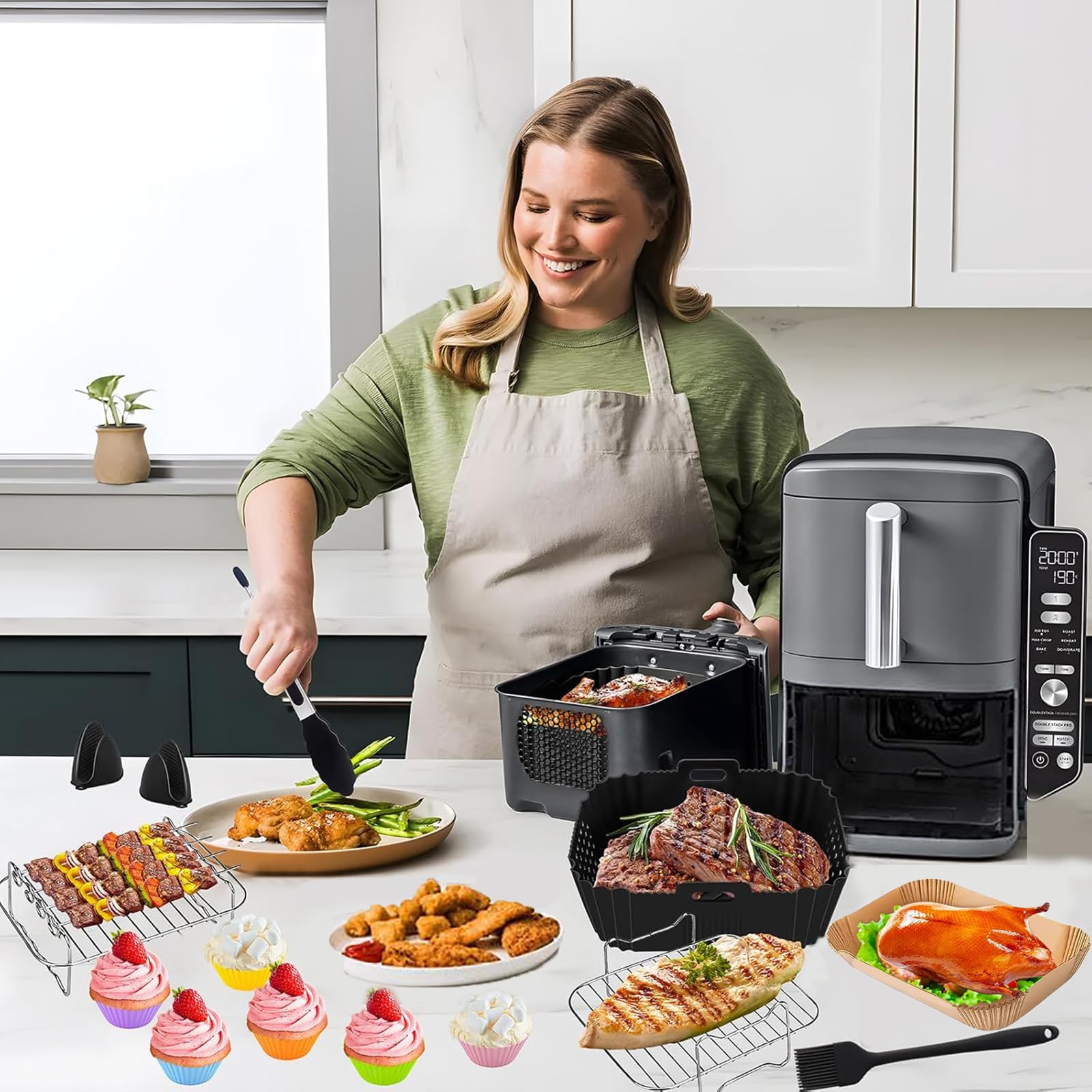 15 Pcs Air Fryer Accessories Set for Ninja Foodi DZ201C DZ401 Compatible Ninja DZ550 Foodi, Silicone Air Fryer Liners for SL401 DoubleStack XL for 8-10QT Air Fryer Basket