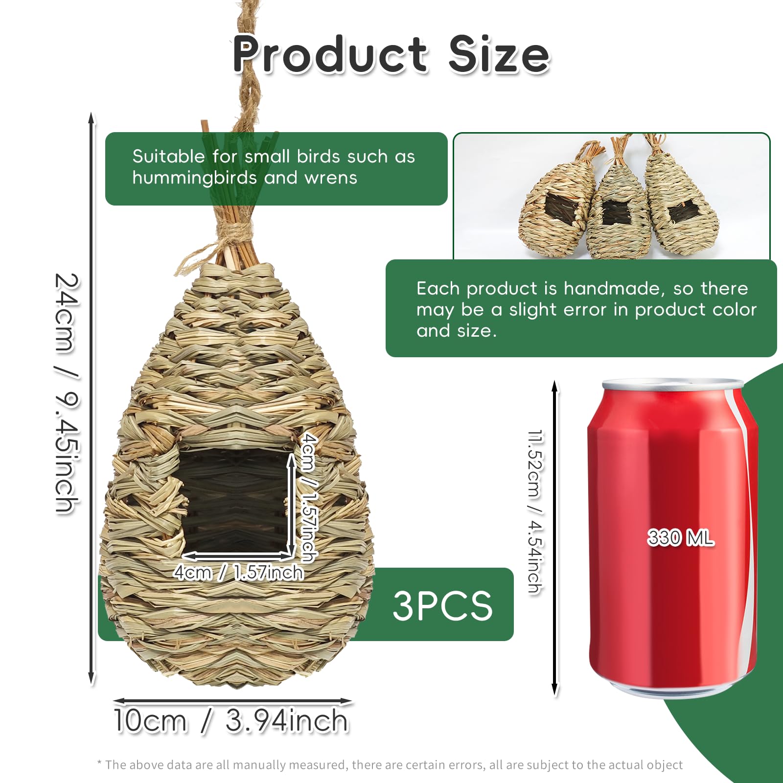 Gute Hummingbird Houses for Outside Hanging, Natural Grass Hanging Bird Hut, Hand Woven Hummingbird Nest, Large Wren Finch Bird House for Garden Window Outdoor Home Decoration, 3 Pack