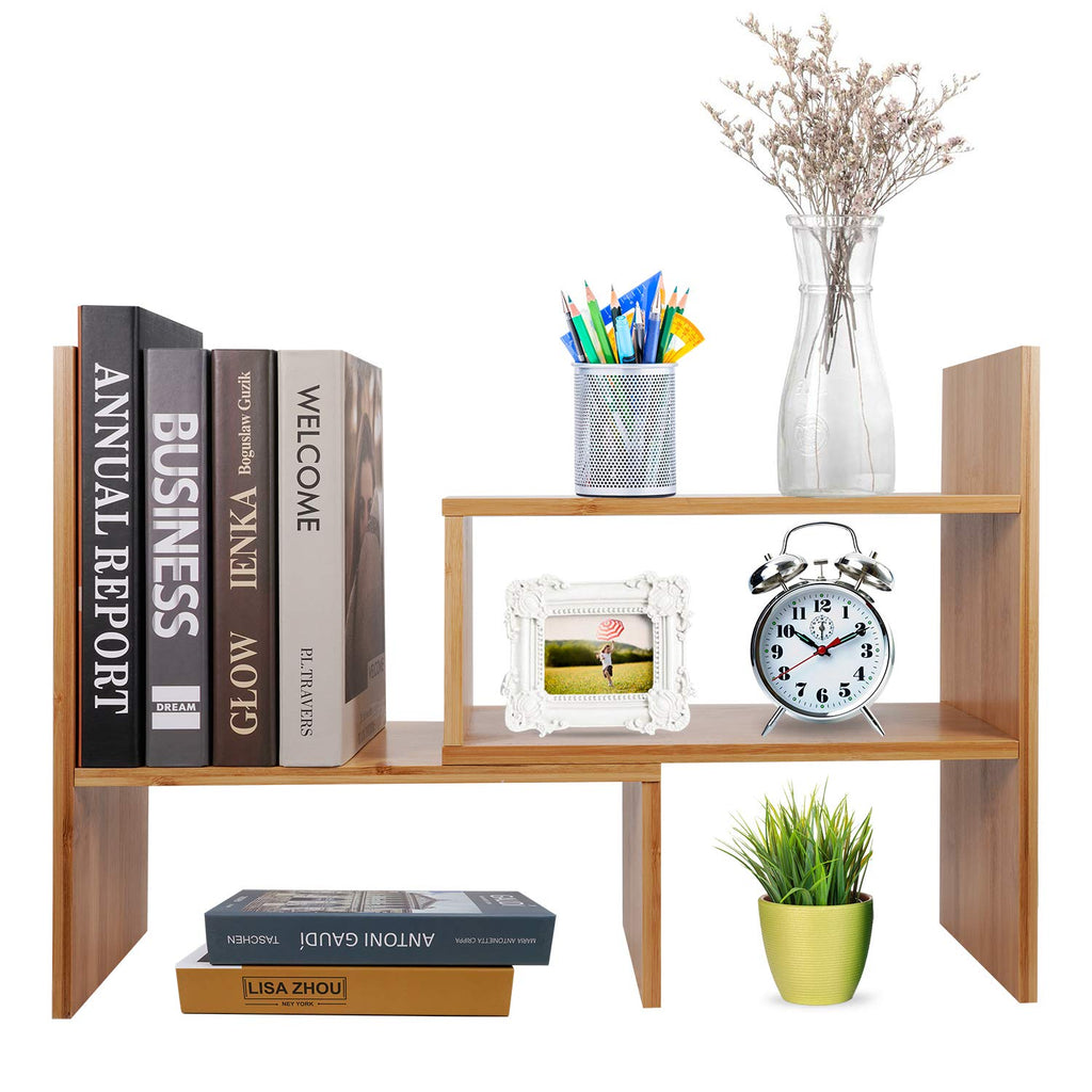 Widousy Adjustable Natural Wood Desktop Bookshelf Bamboo Desk Storage Organizer Display Shelf Rack, Counter Top Bookcase