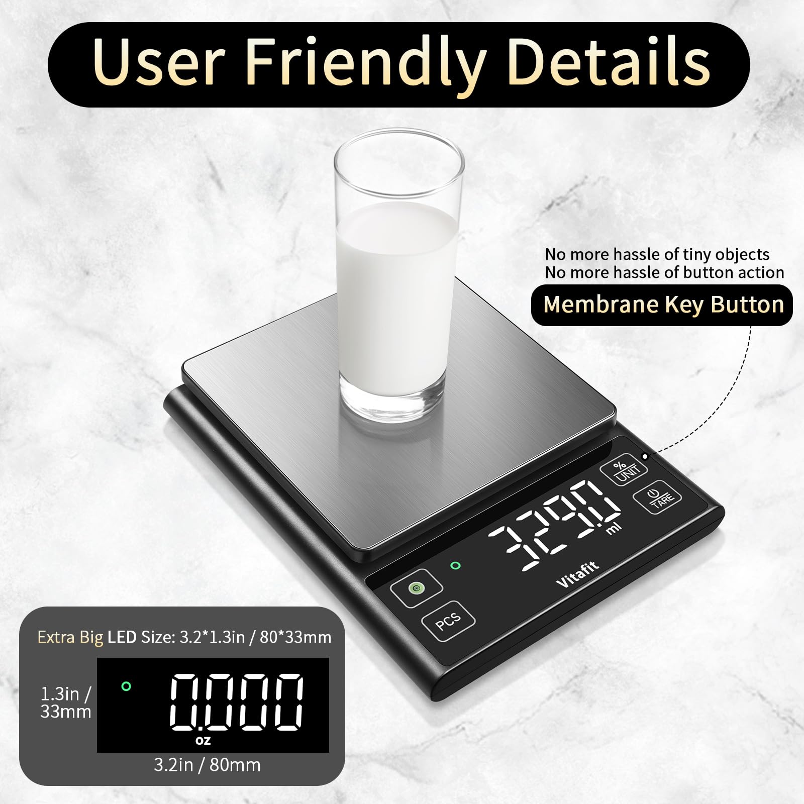 Vitafit 11lb Food Scale, High Accuracy 0.0001lb by Our Professional Factory Since 2001, Digital Kitchen Scale with% Percentage Function Cooking,Baking&Coffee, Stainless Steel, Big LED, Black