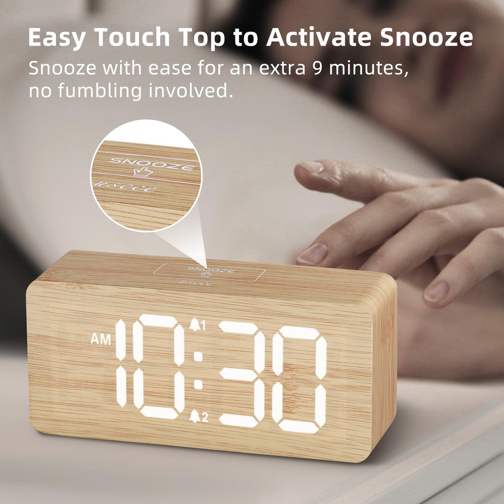 Wooden Digital Alarm Clocks for Bedrooms: Dimmable Dual Alarm Clock with Large Numbers for Bedside Desk - Bamboo