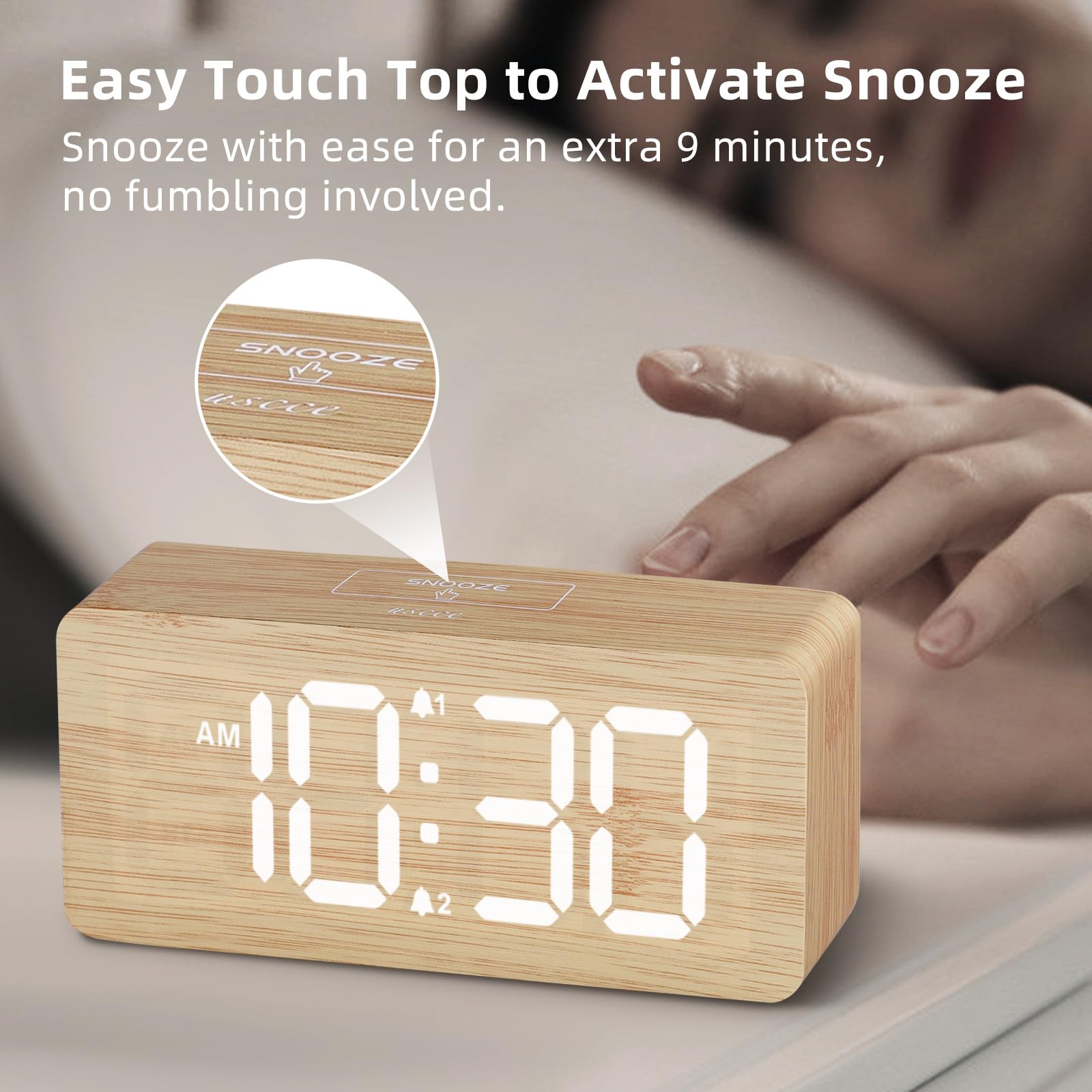 Wooden Digital Alarm Clocks for Bedrooms: Dimmable Dual Alarm Clock with Large Numbers for Bedside Desk - Bamboo