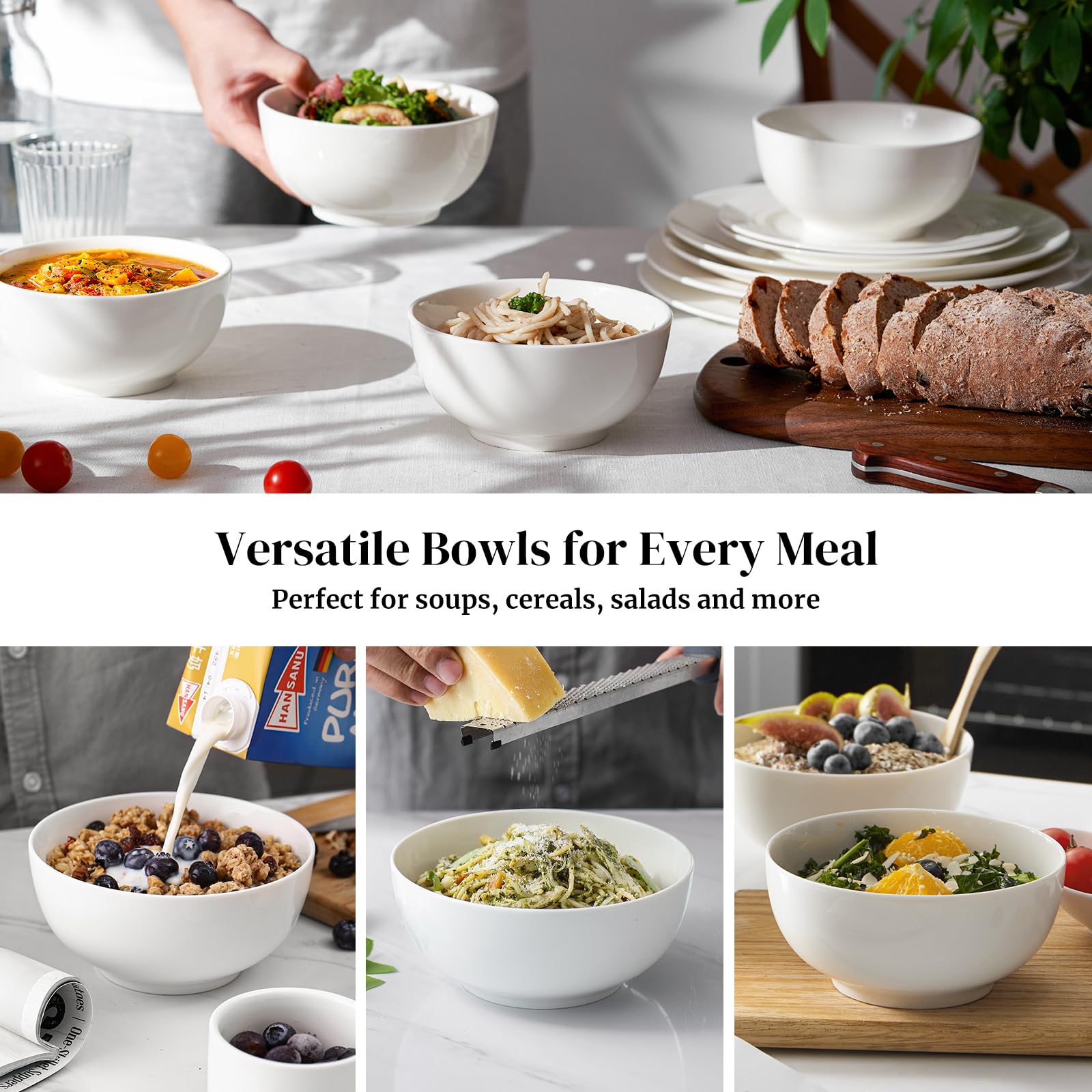 DOWAN Soup Bowls, Ceramic Cereal Bowls, 22 Ounce Bowl Set of 4, Sturdy & Stackable, Dishwasher & Microwave Safe, White Bowls for Rice Pasta Salad Oatmeal Mixing
