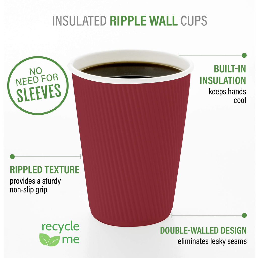 Restaurantware Ripple Wall Coffee Cups 25 Count 4 Ounce Insulated Crimson Paper Cups, Rolled Rim Spill-Resistant Disposable Paper Non-Slip for Coffee, Beverages