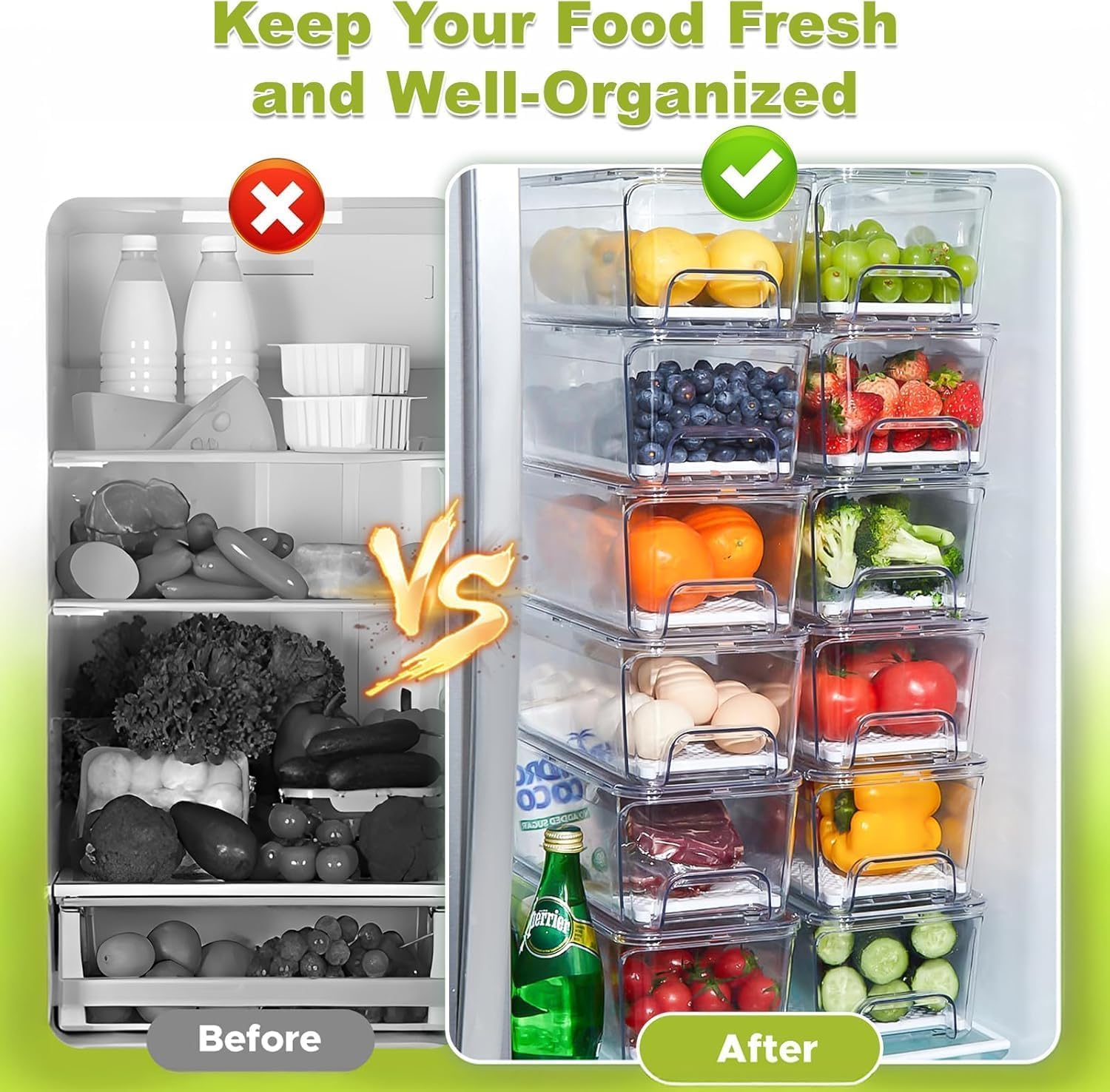 Brippo Pull-Out Fridge Organizer, 2-Pack Stackable Refrigerator Drawer Organizer Bins, Clear Vegetables, Food, Fruit Storage Containers with Lid and Strainer Layer