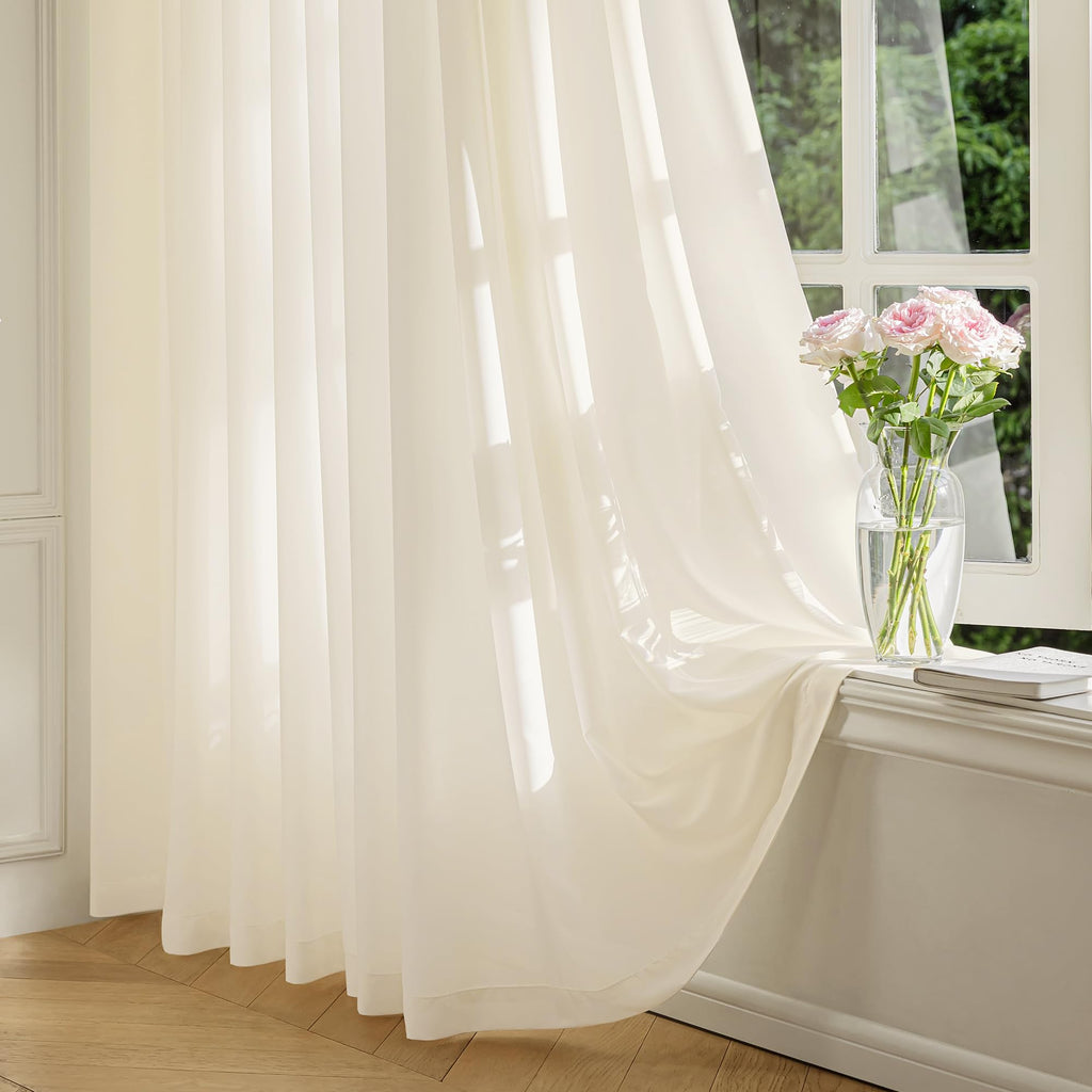 FMFUNCTEX Sheer Non-See-Through Butter Cream Curtains for Bedroom, Faux Silk That Let Light Curtains 84 inches Long Light Filtering Privacy Sheer Window Drapes for Living Room, Rod Pocket 2 Panels Set