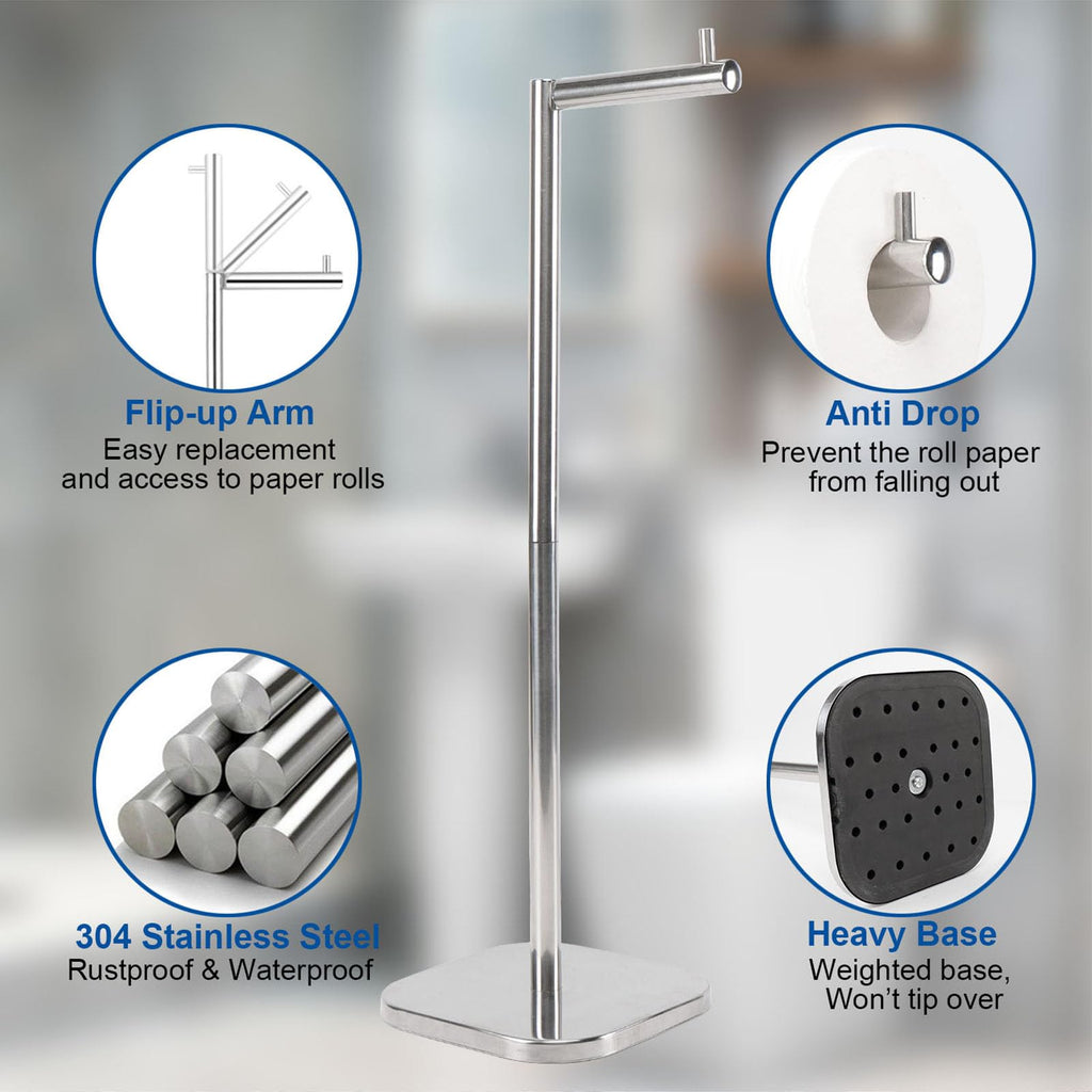 TocTen Toilet Paper Holder Stand, Free Standing Toilet Paper Holder with Reserve, Stainless Steel Weighted Base Toilet Tissue Paper Roll Storage Holder for 5 Rolls of Toilet Tissue(Brushed Nickel)