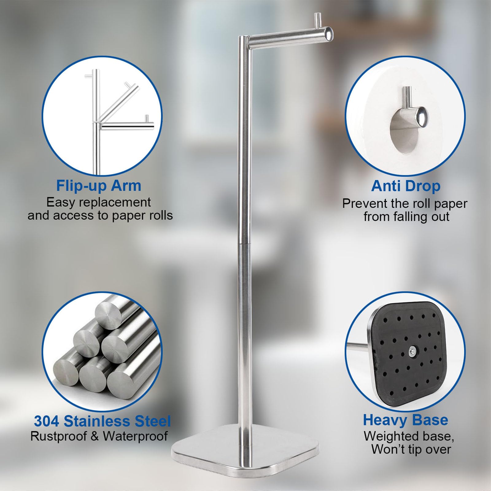 TocTen Toilet Paper Holder Stand, Free Standing Toilet Paper Holder with Reserve, Stainless Steel Weighted Base Toilet Tissue Paper Roll Storage Holder for 5 Rolls of Toilet Tissue(Brushed Nickel)