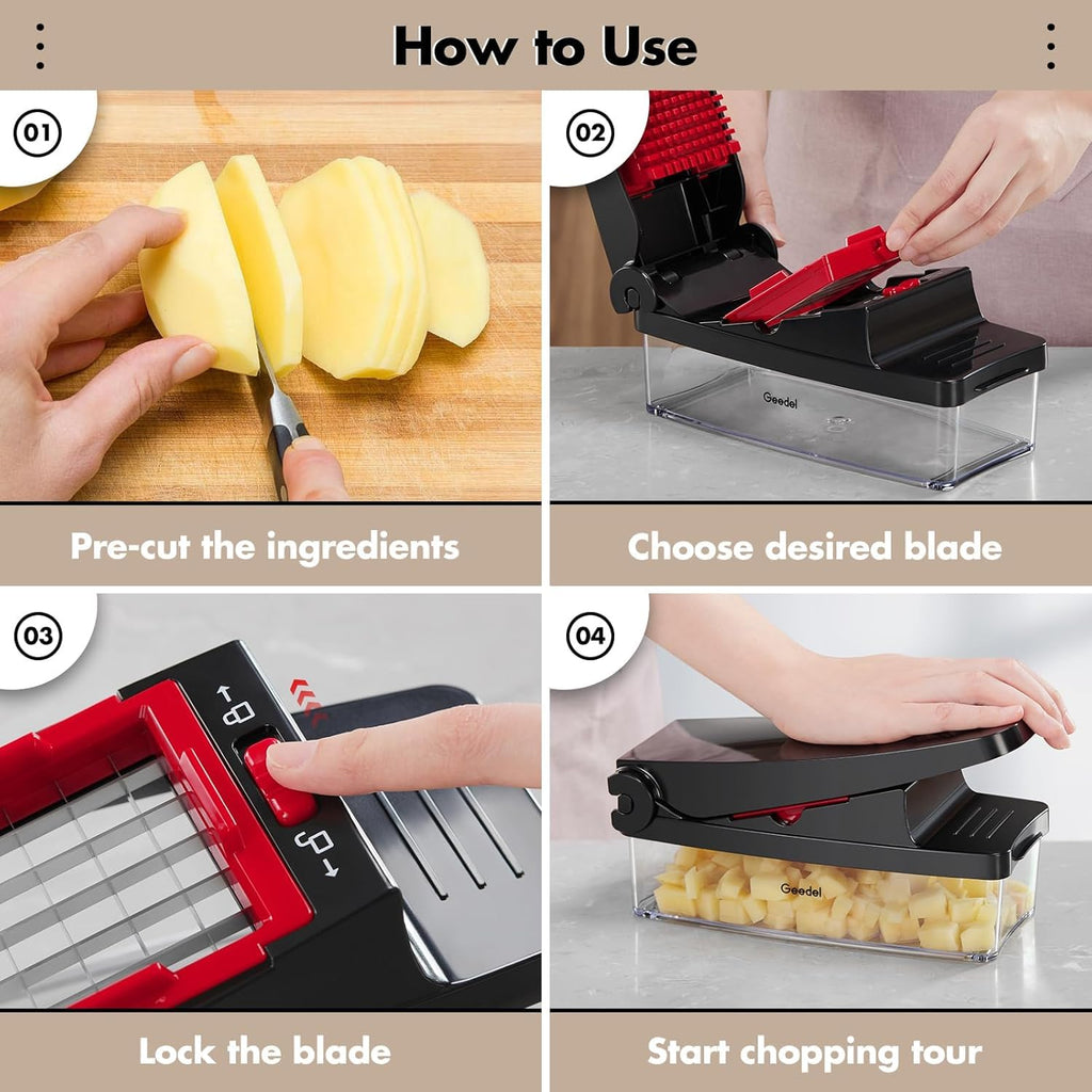 Vegetable Chopper, Food Onion Cutter, Vegetable Mandoline Slicer Dicer, Kitchen 4 in 1 Veggie Chopper with Container for Potato Salad Carrot, Red