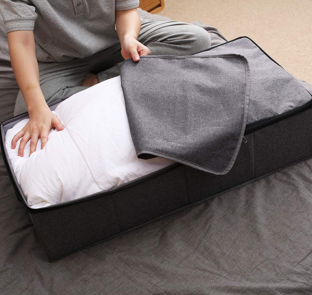 AMJ [2 Pack] Foldable Under Bed Storage Bags Basket Container with Durable Fabric for Shoes, Clothes, Blanket Organizers, Comforter, Black Grey