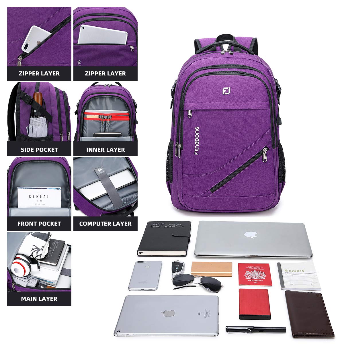 FENGDONG Durable Travel Large Laptop Backpack 17.3 inch,College Backpack for Women & Men Business Backpack with USB Charging Port and Headset Port Purple