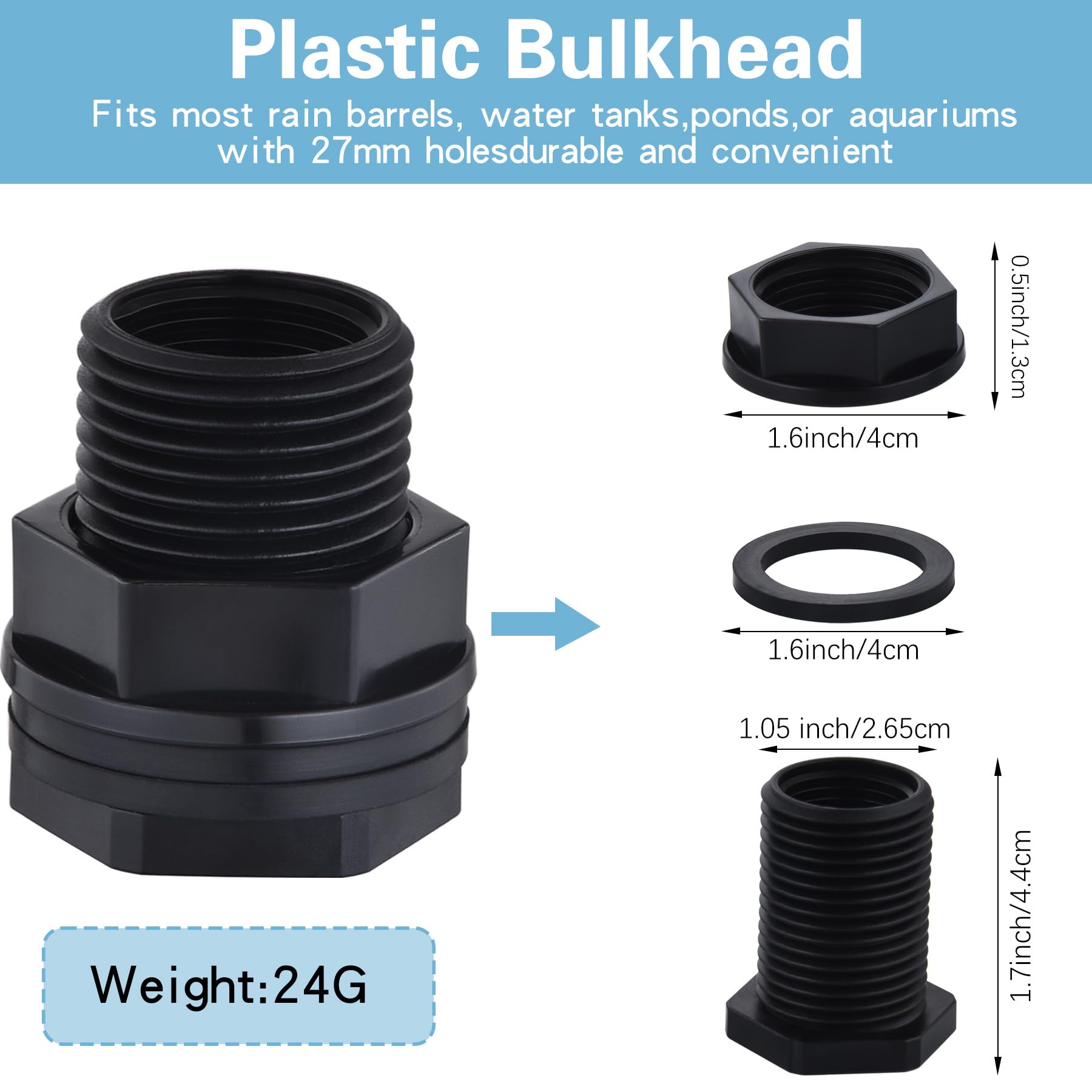 PVC Bulkhead Fitting Double Threaded Bulkhead Water Tank Connector for Rain Barrels